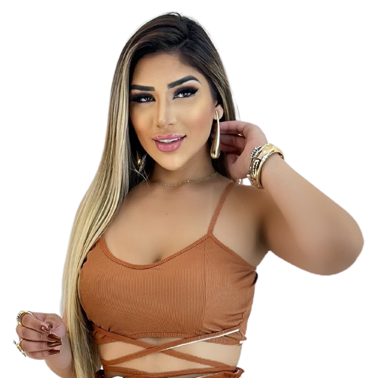 Short Feminino Malha Marrom Listrado AJustável com Top