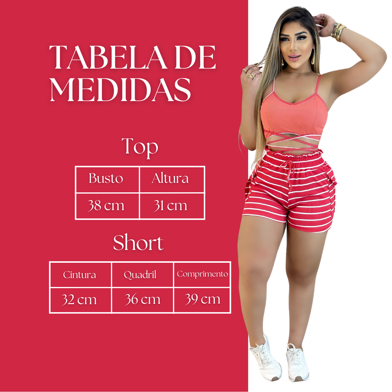 Short Feminino Malha Rosa Listrado AJustável com Top