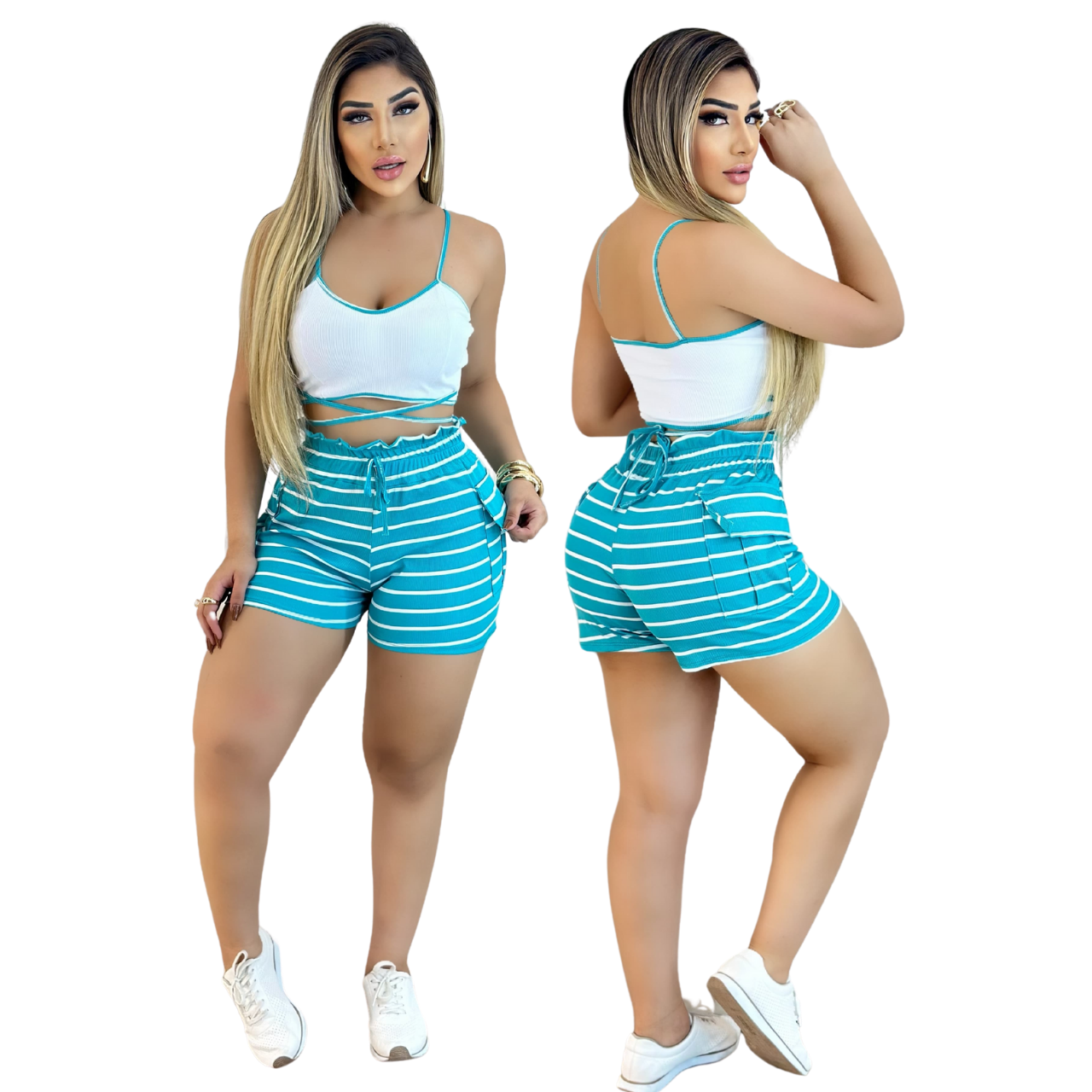 Short Feminino Malha Azul Listrado AJustável com Top