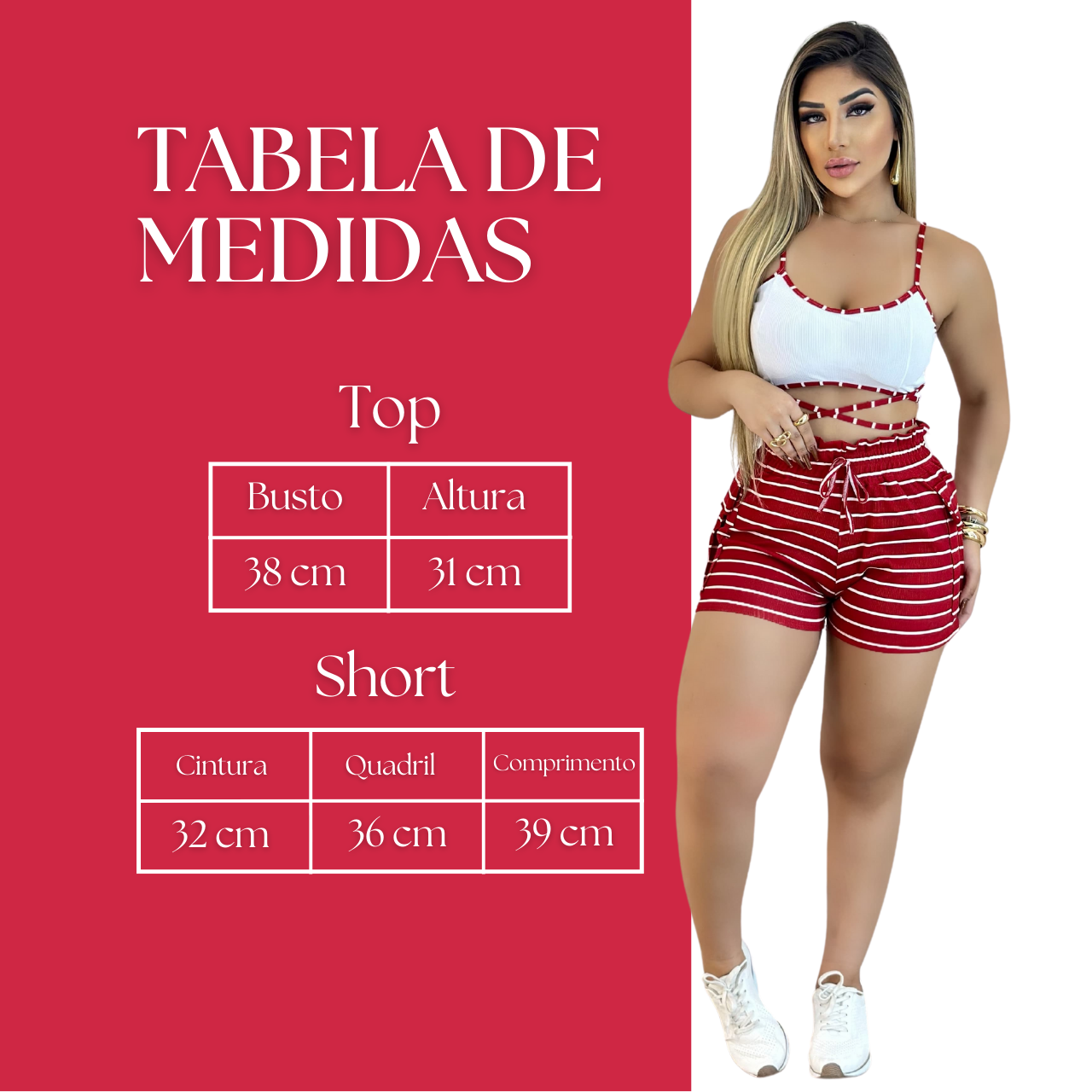 Short Feminino Malha Vermelho Listrado AJustável com Top