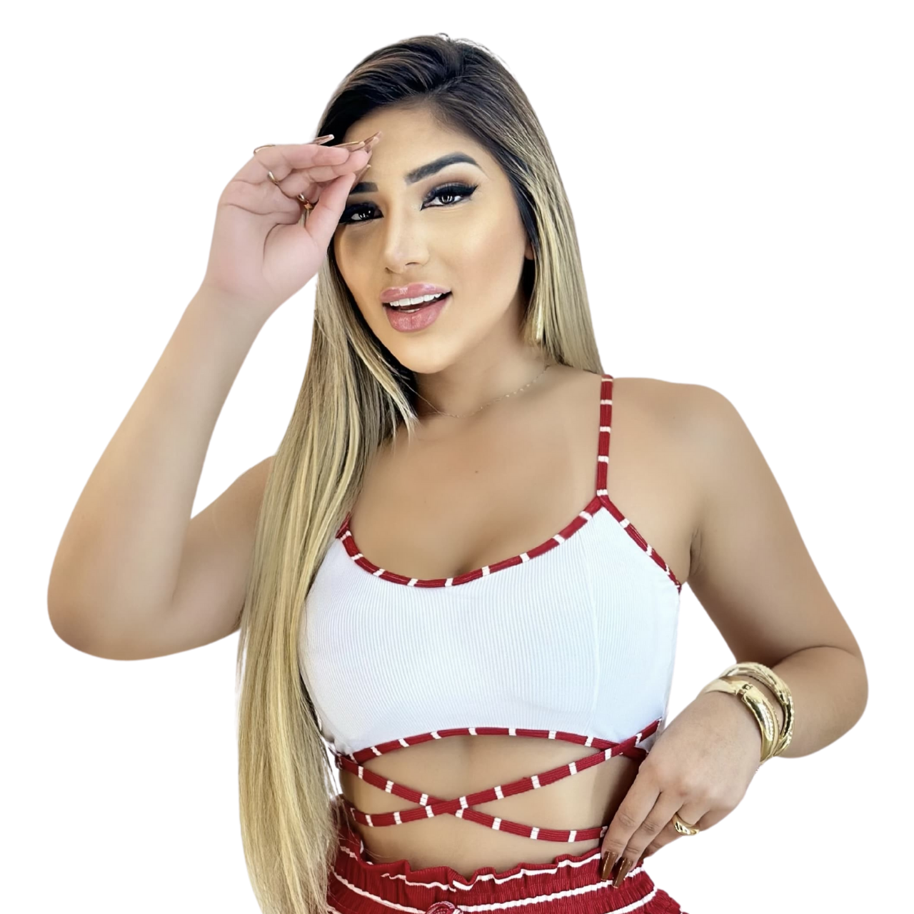 Short Feminino Malha Vermelho Listrado AJustável com Top