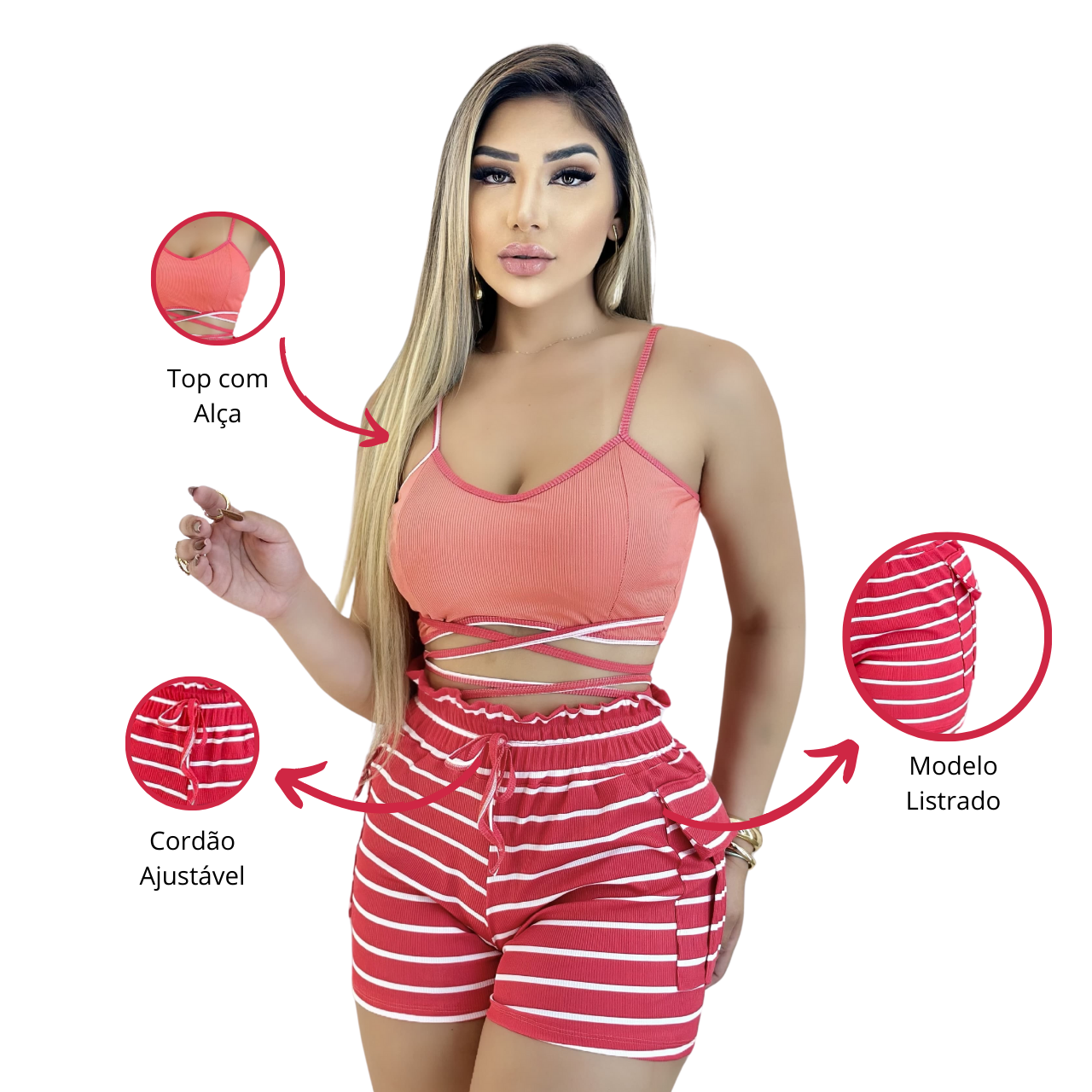 Short Feminino Malha Rosa Listrado AJustável com Top