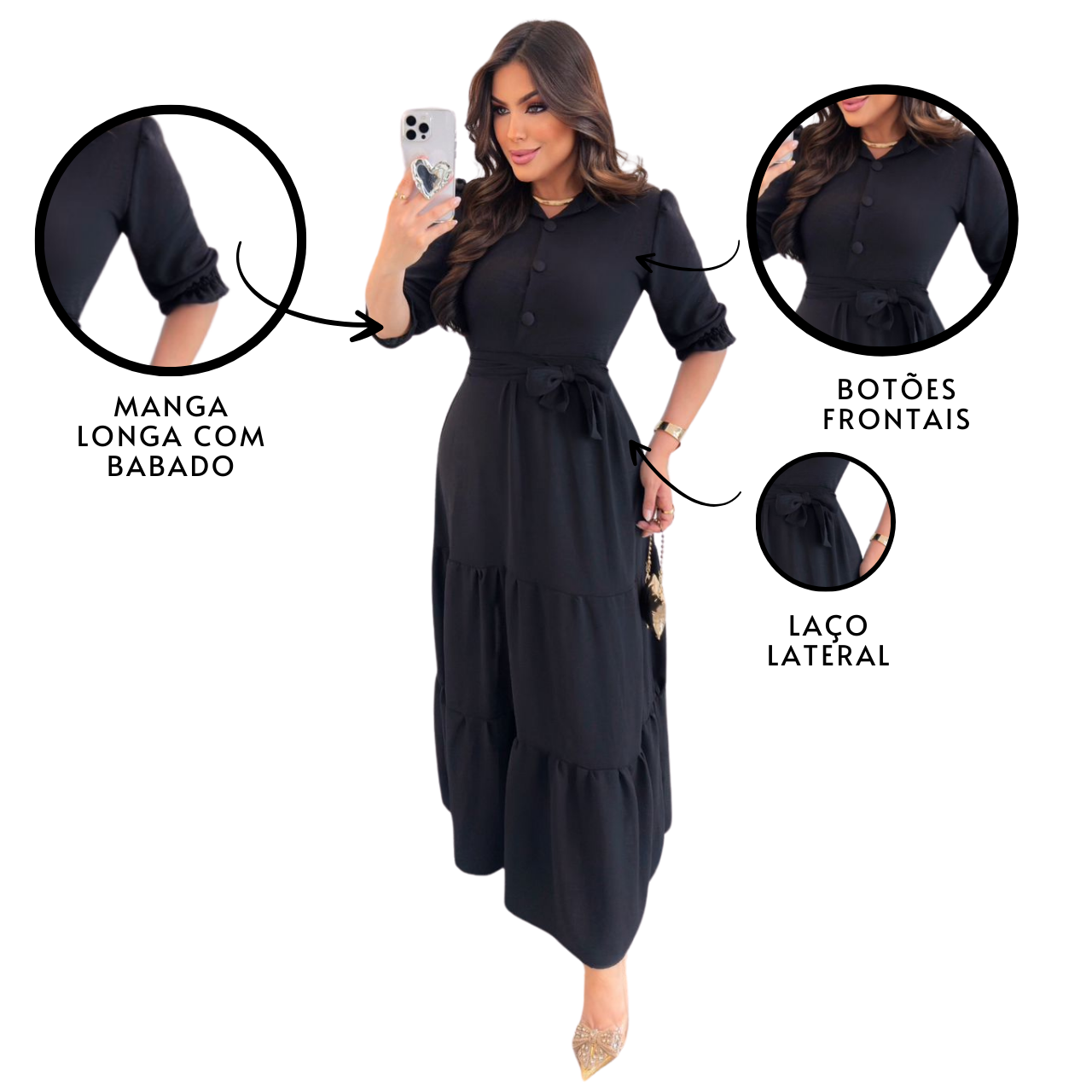 Vestido Alfaiataria Preto Longo Com Babado