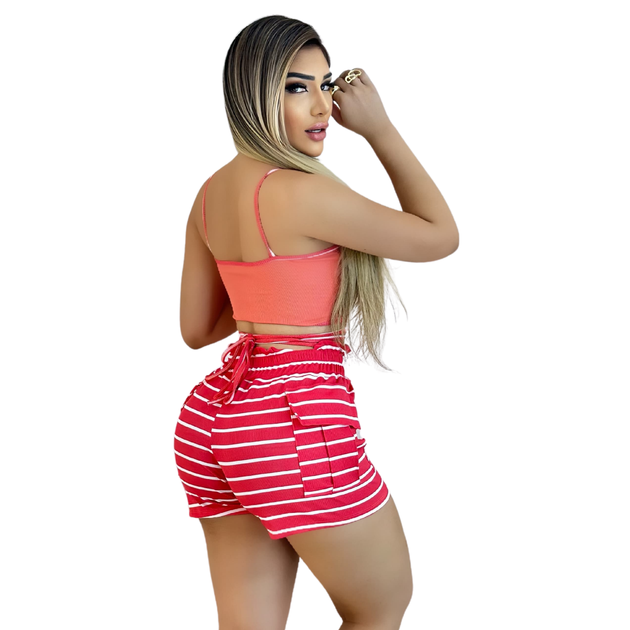 Short Feminino Malha Rosa Listrado AJustável com Top