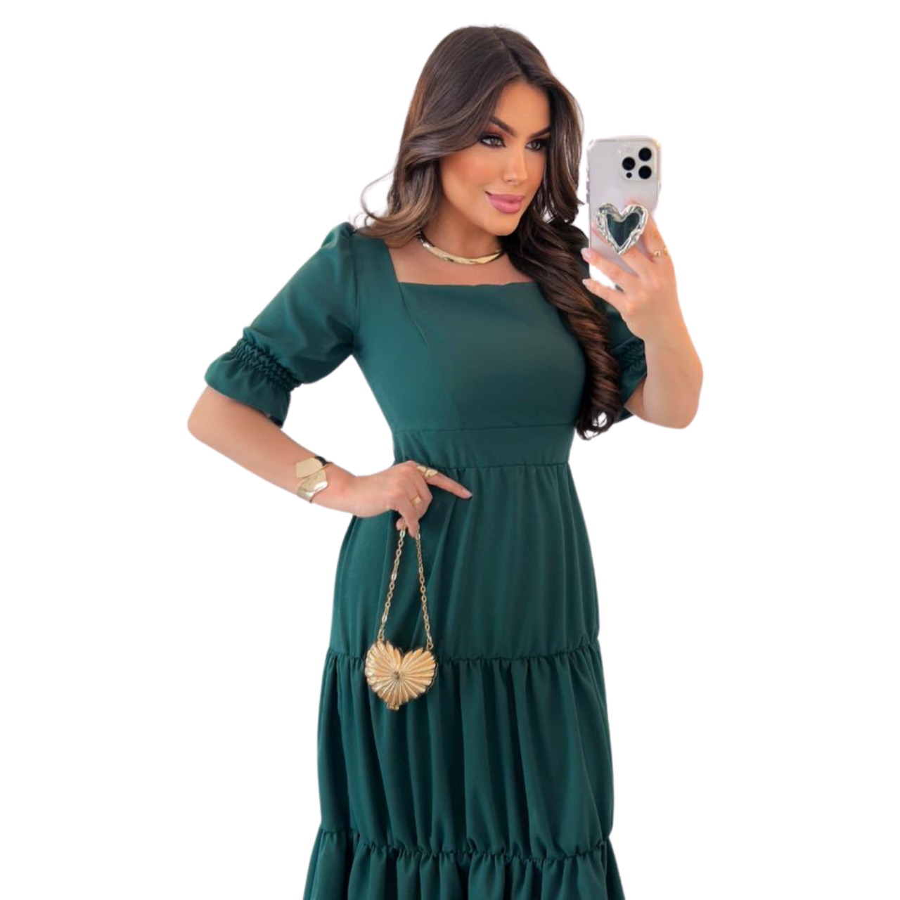 Vestido Evangélico Alfaiataria Verde Longo com Babado