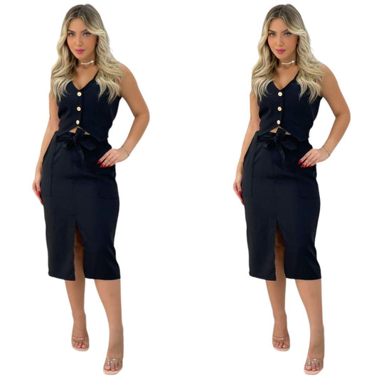 Saia Feminina de Alfaiataria + Cropped Cor Preta