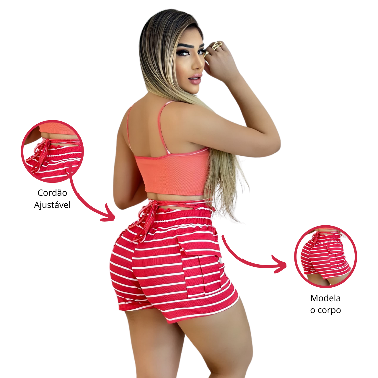 Short Feminino Malha Rosa Listrado AJustável com Top