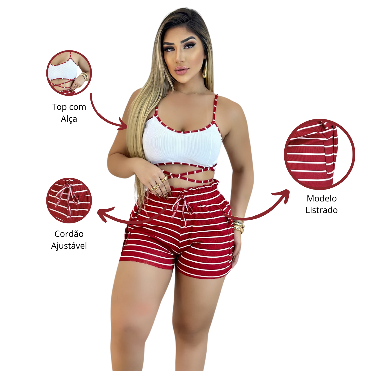 Short Feminino Malha Vermelho Listrado AJustável com Top