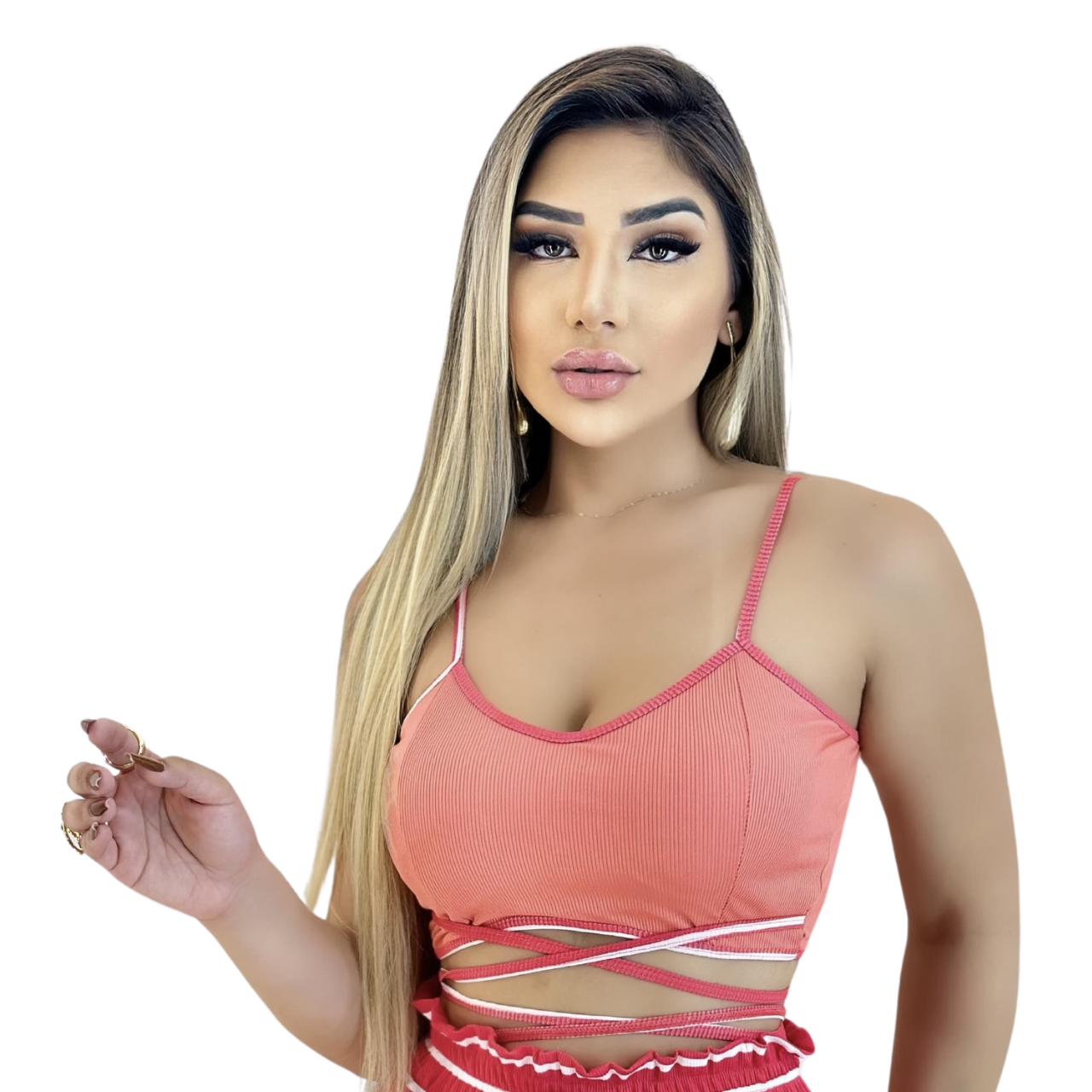 Short Feminino Malha Rosa Listrado AJustável com Top