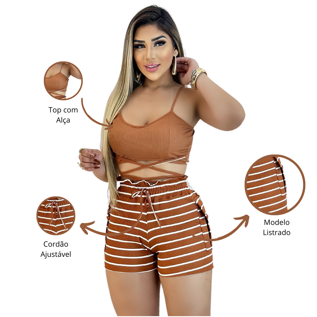 Short Feminino Malha Marrom Listrado AJustável com Top