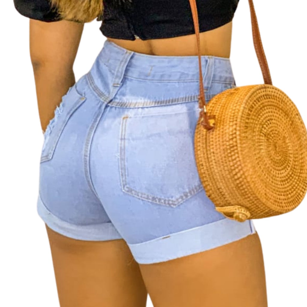 Short Jeans Feminino Cintura Alta com Detalhes Destroyed