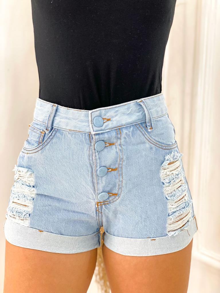 Short Jeans Feminino Cintura Alta com Detalhes Destroyed