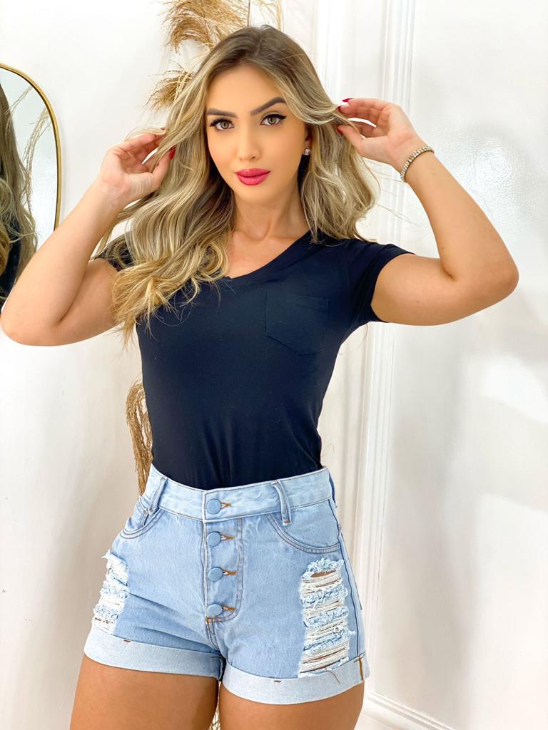Short Jeans Feminino Cintura Alta com Detalhes Destroyed