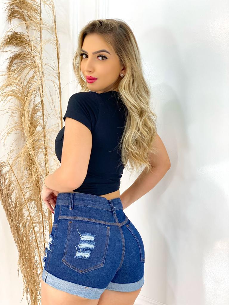 Short Jeans Feminino Barra Dobrada com Cintura Alta