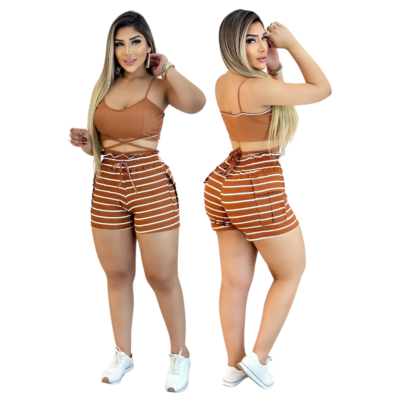 Short Feminino Malha Marrom Listrado AJustável com Top