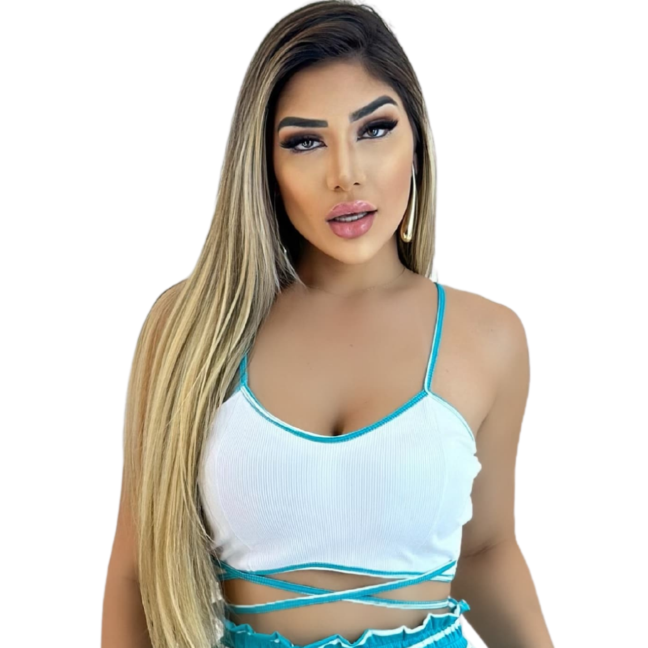 Short Feminino Malha Azul Listrado AJustável com Top