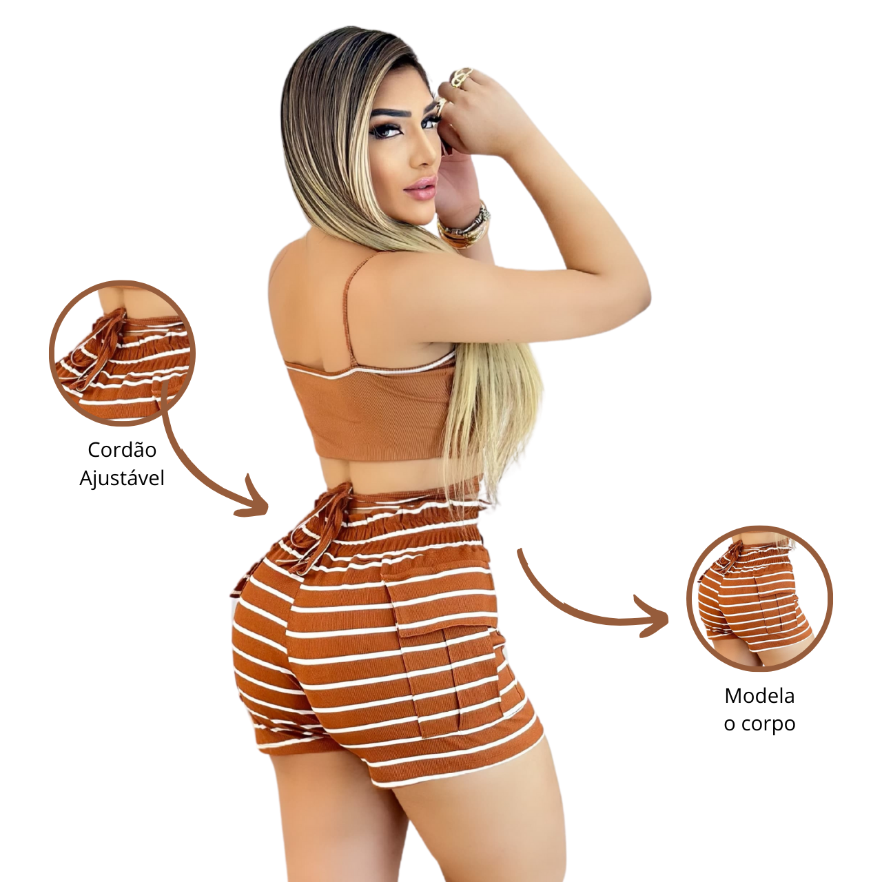 Short Feminino Malha Marrom Listrado AJustável com Top