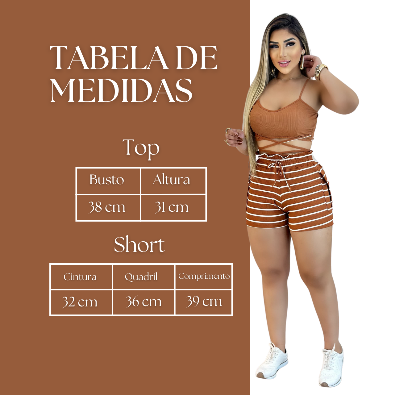 Short Feminino Malha Marrom Listrado AJustável com Top