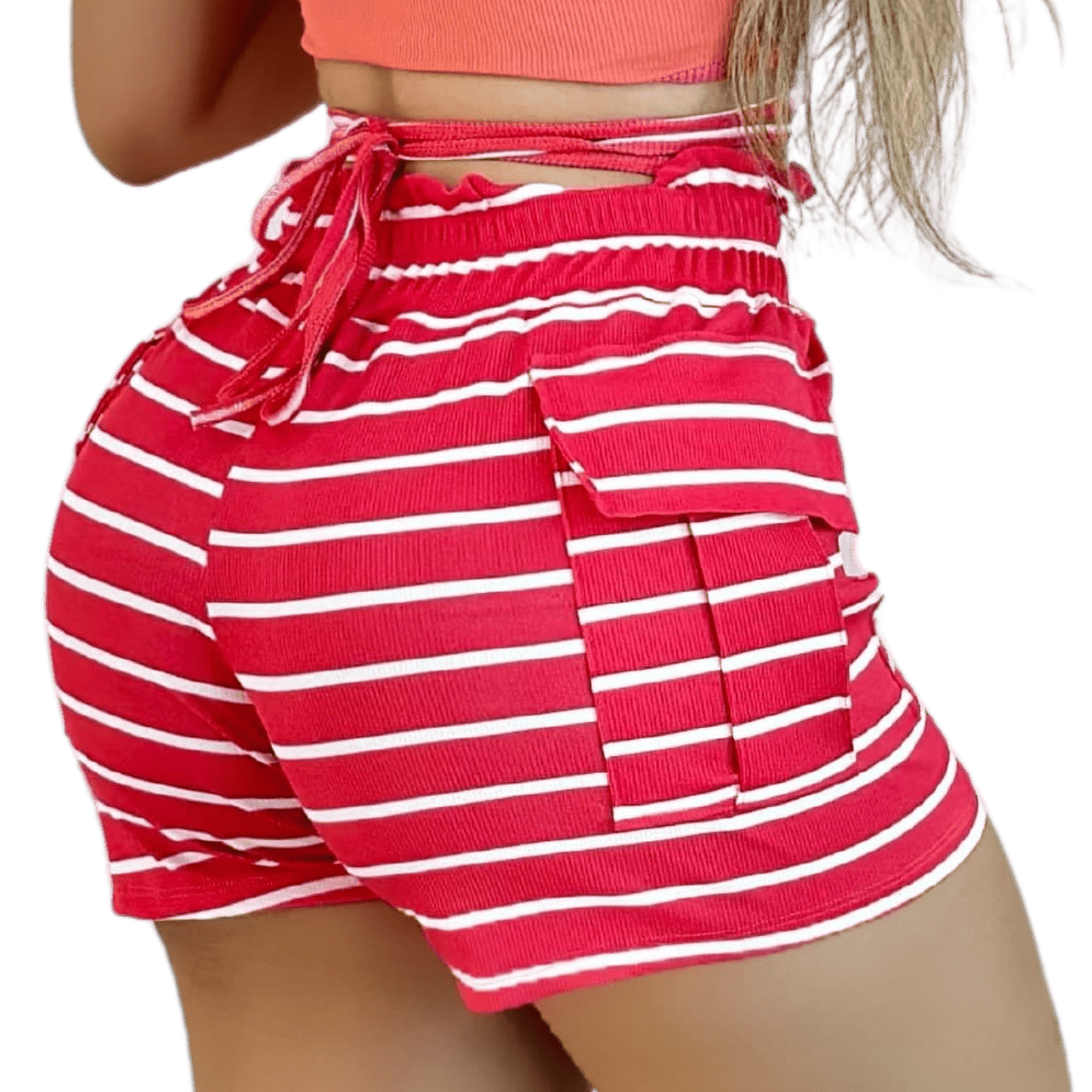 Short Feminino Malha Rosa Listrado AJustável com Top