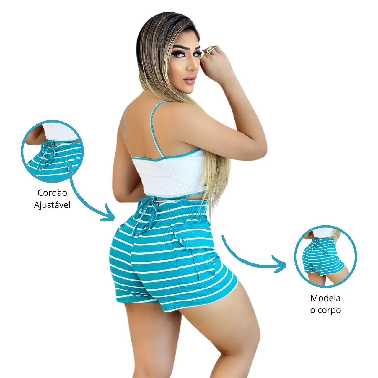 Short Feminino Malha Azul Listrado AJustável com Top