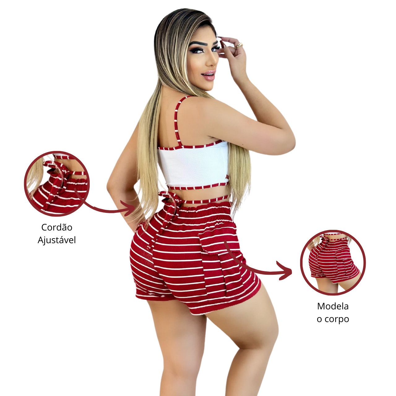 Short Feminino Malha Vermelho Listrado AJustável com Top