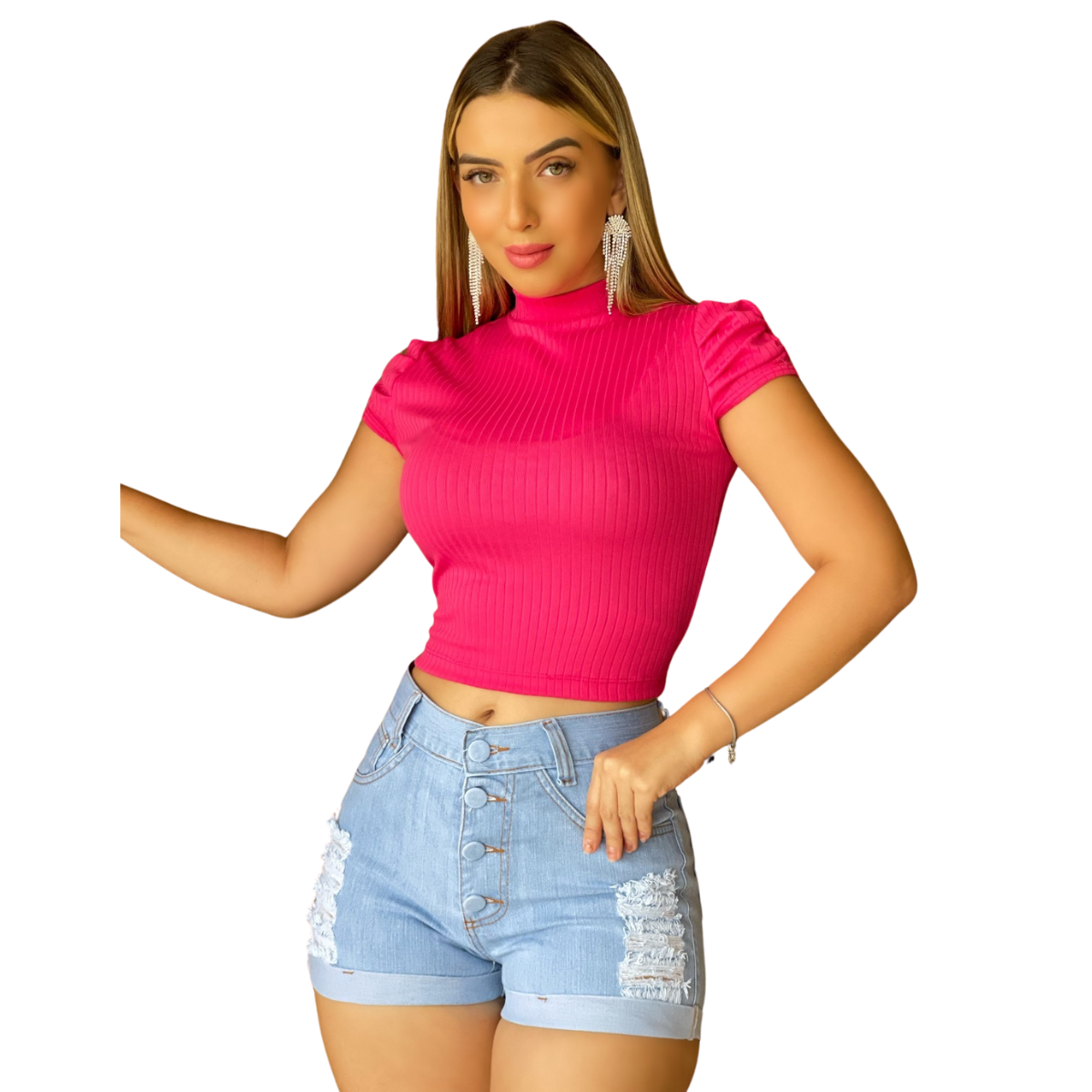 Blusa Feminina Curta Canelada Princesa Cor Rosa: Pink Style