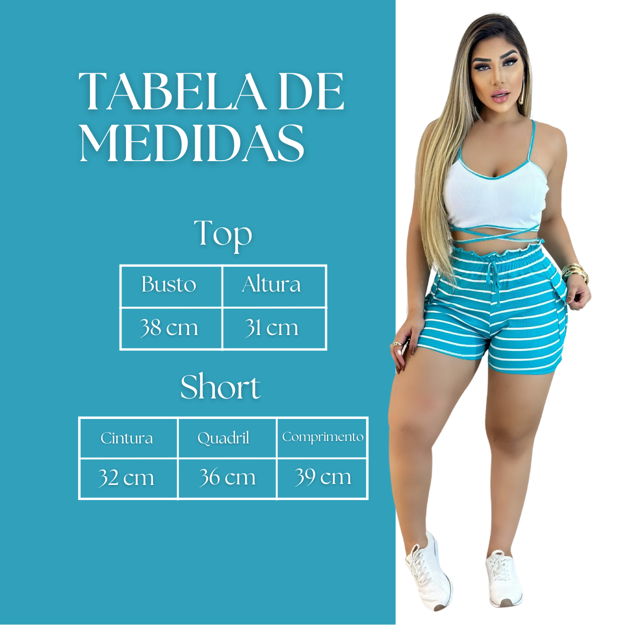 Short Feminino Malha Azul Listrado AJustável com Top