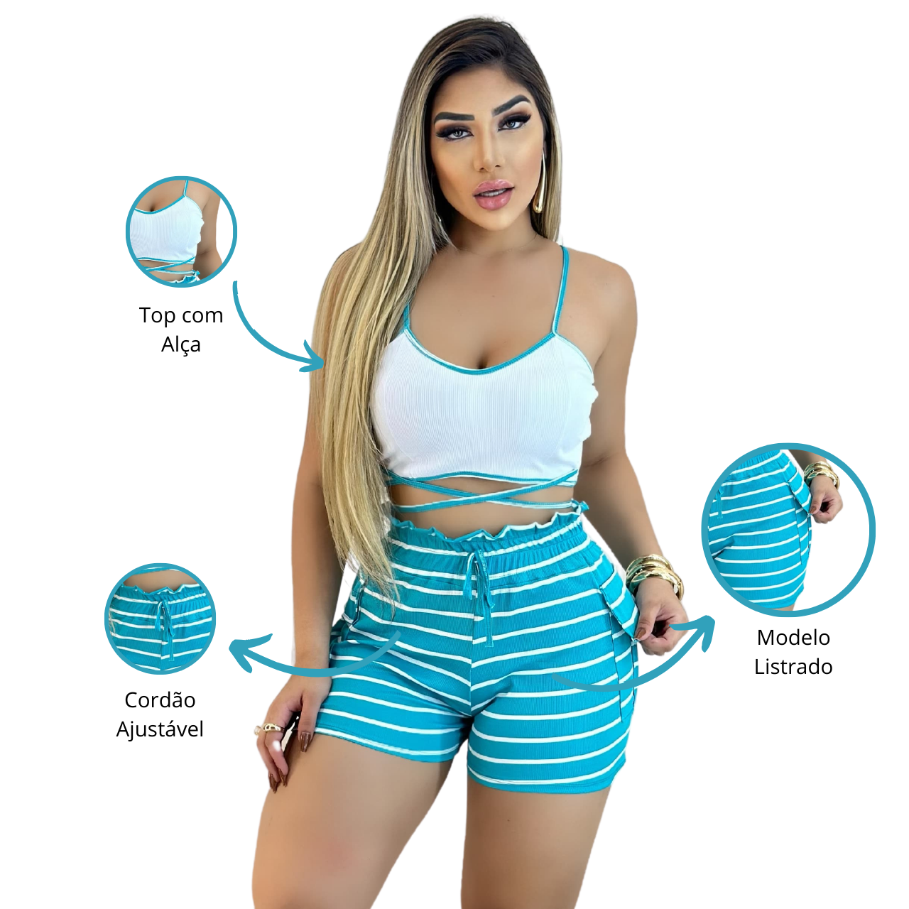 Short Feminino Malha Azul Listrado AJustável com Top