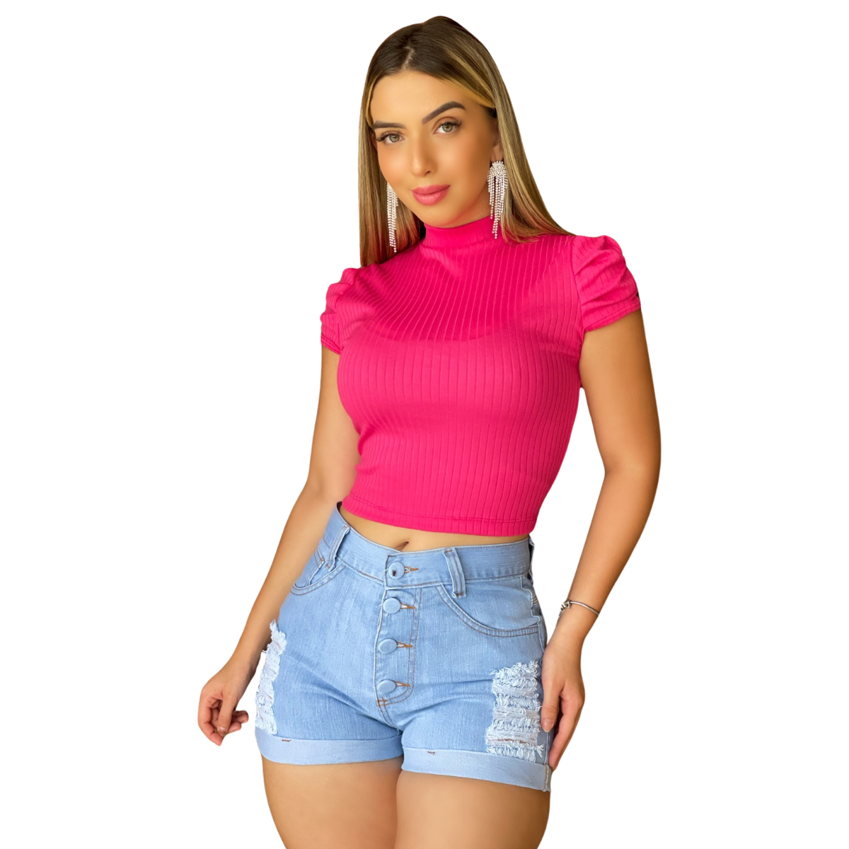Blusa Feminina Curta Canelada Princesa Cor Rosa: Pink Style