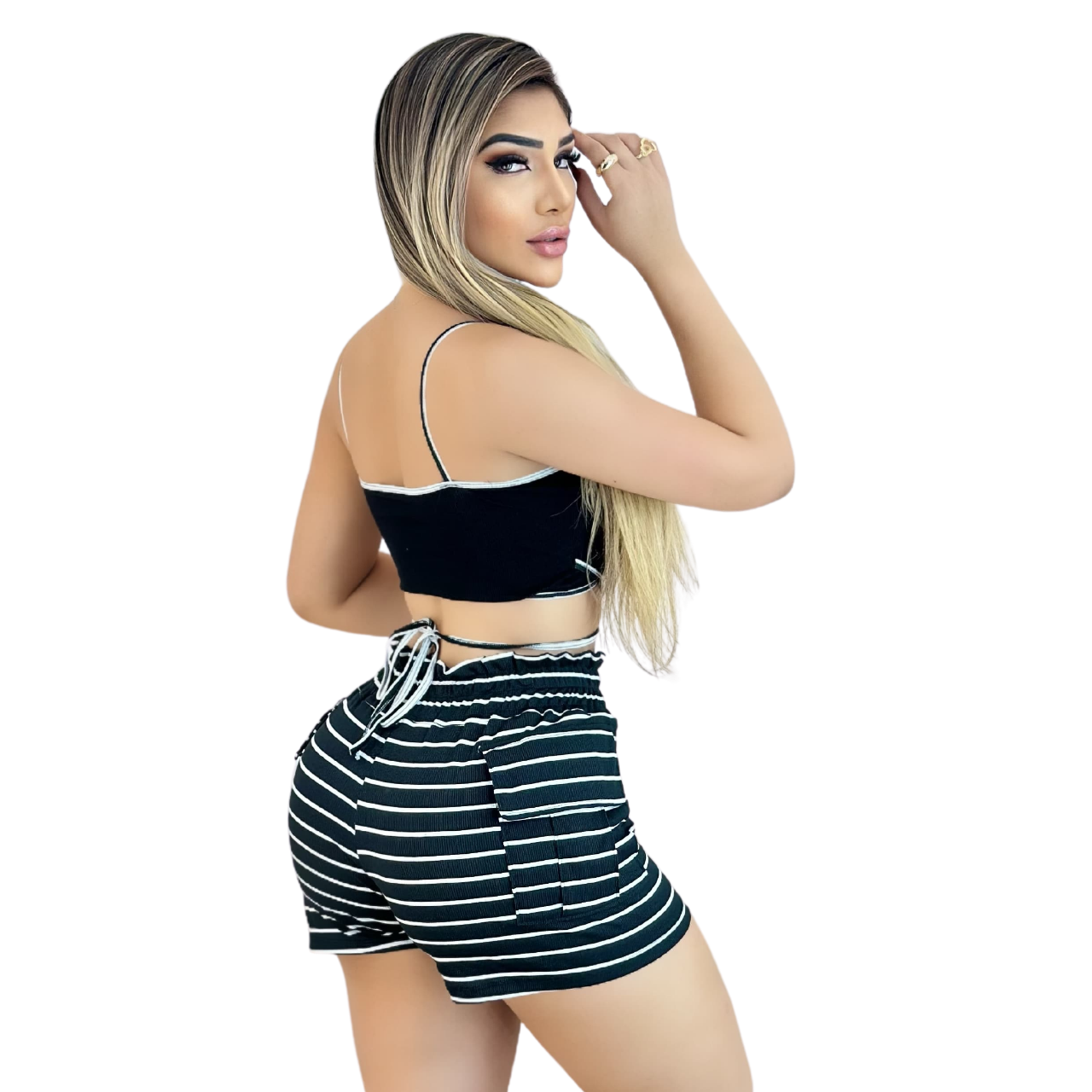 Short Feminino Malha Preto Listrado AJustável com Top