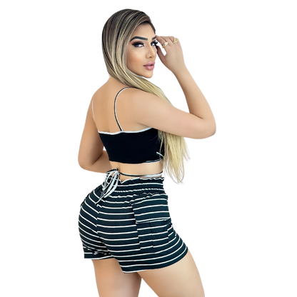 Short Feminino Malha Preto Listrado AJustável com Top