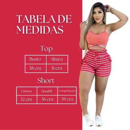 Short Feminino Malha Rosa Listrado AJustável com Top