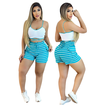 Short Feminino Malha Azul Listrado AJustável com Top