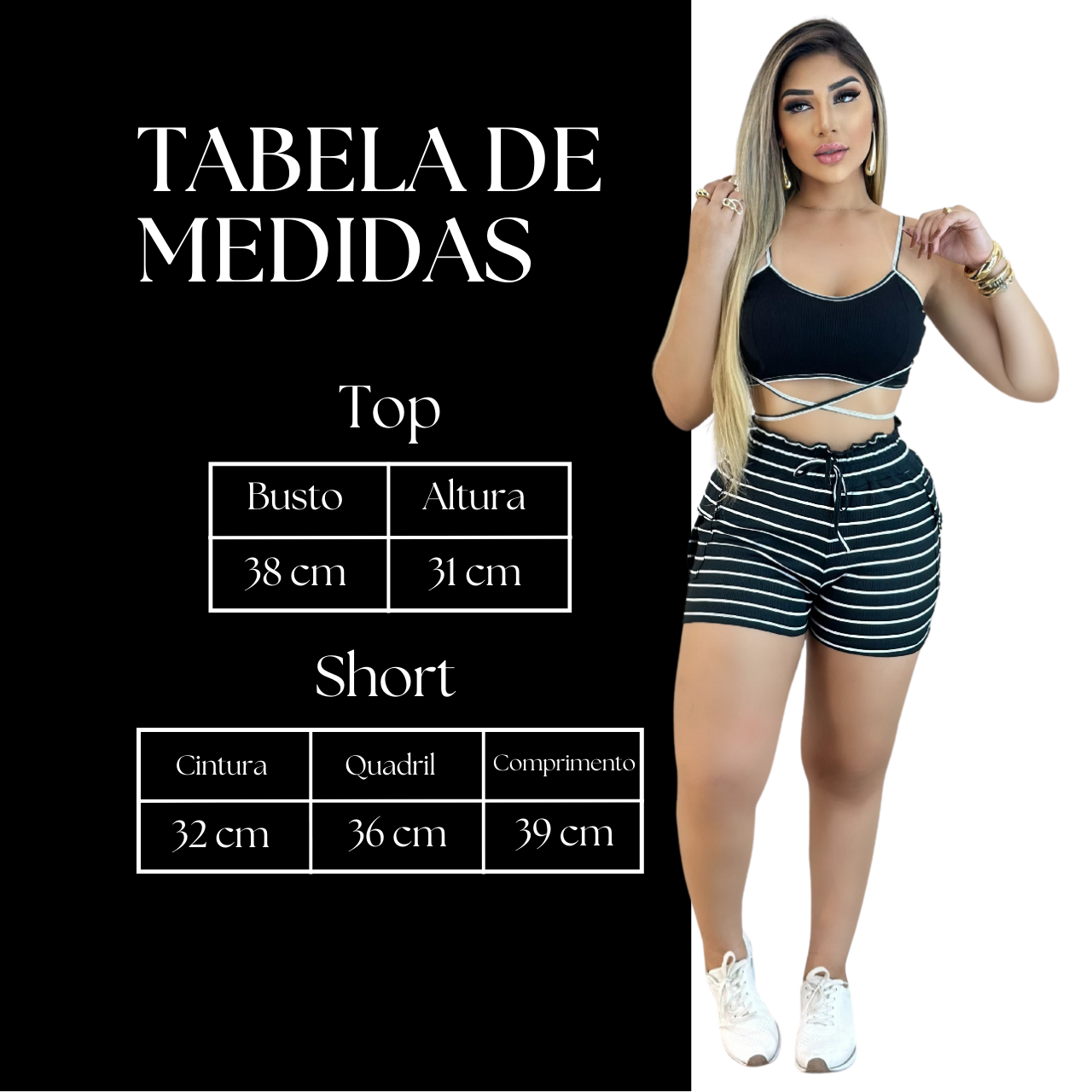 Short Feminino Malha Preto Listrado AJustável com Top