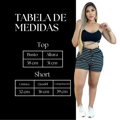 Short Feminino Malha Preto Listrado AJustável com Top