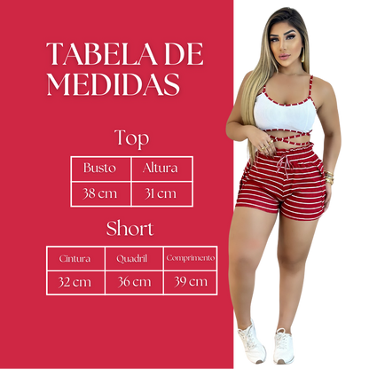 Short Feminino Malha Vermelho Listrado AJustável com Top