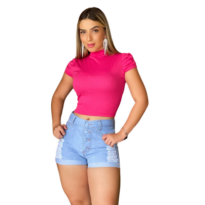 Blusa Feminina Curta Canelada Princesa Cor Rosa: Pink Style