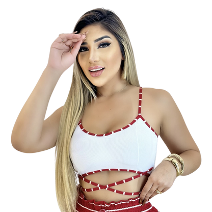 Short Feminino Malha Vermelho Listrado AJustável com Top