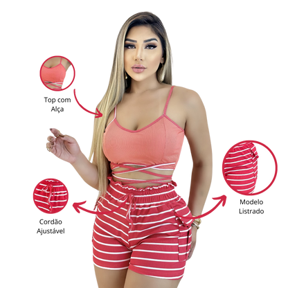 Short Feminino Malha Rosa Listrado AJustável com Top
