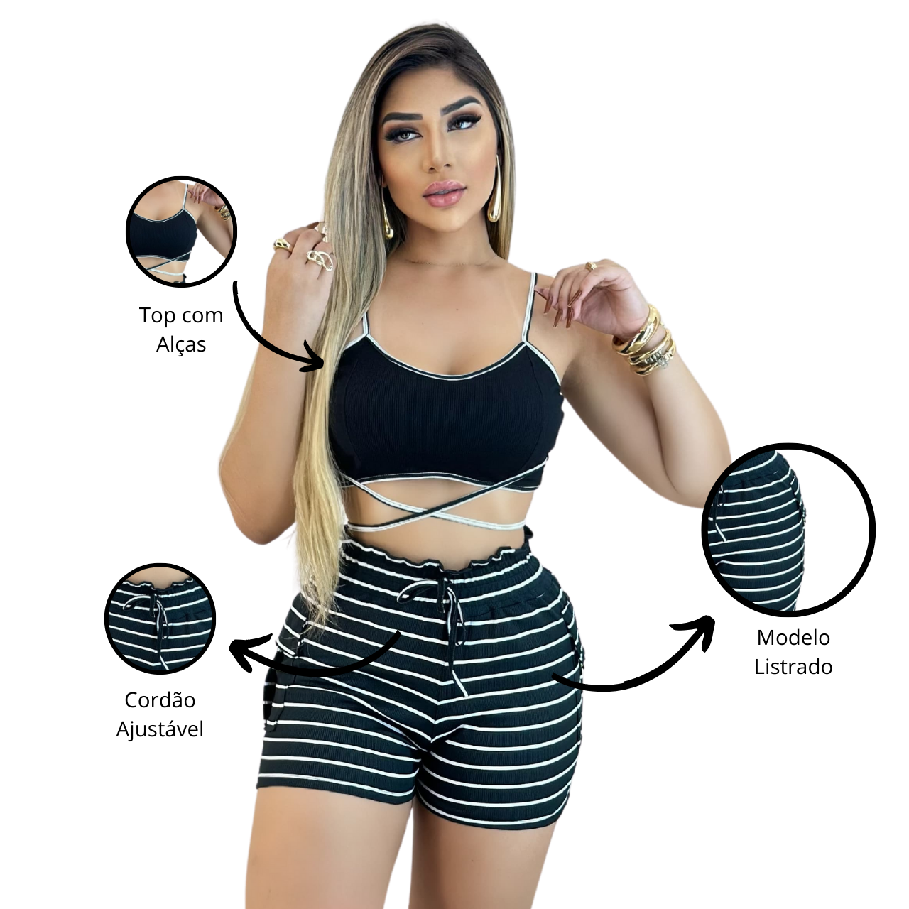 Short Feminino Malha Preto Listrado AJustável com Top