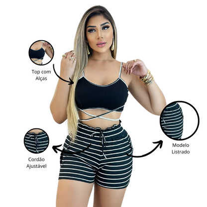 Short Feminino Malha Preto Listrado AJustável com Top