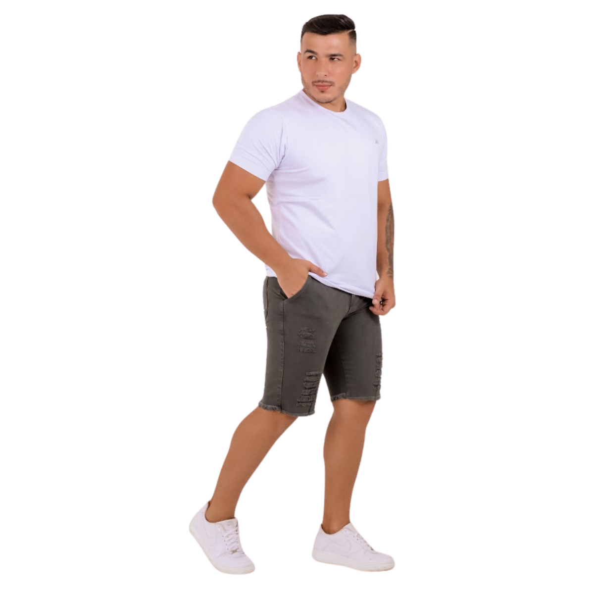 Bermuda Jeans Masculina Destroyed Verde Militar