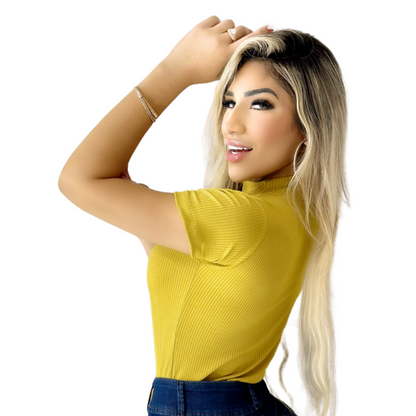 Blusa Feminina Manga Curta cor Amarelo Mostarda