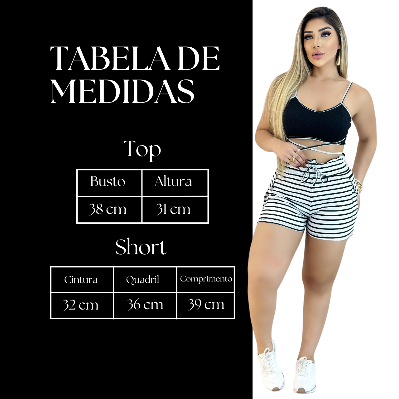 Short Feminino Malha Branco Listrado AJustável com Top