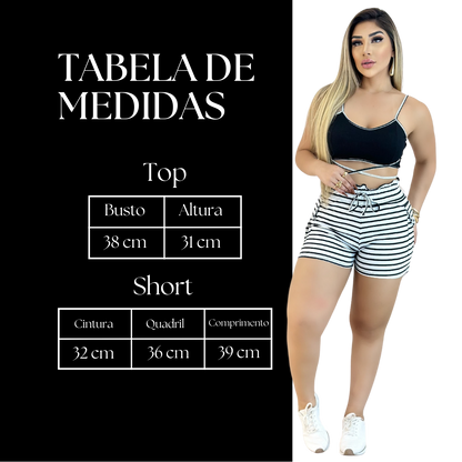 Short Feminino Malha Branco Listrado AJustável com Top