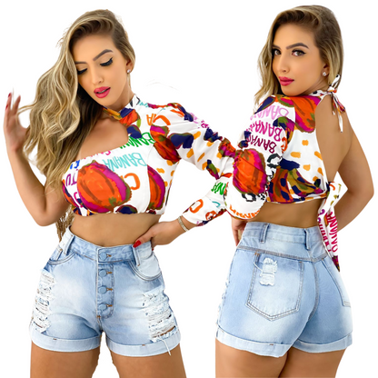 Short Jeans Feminino Cintura Alta com lavagem Clara
