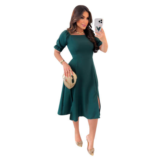 Vestido Evangélico Alfaiataria Verde Longo Fenda Lateral