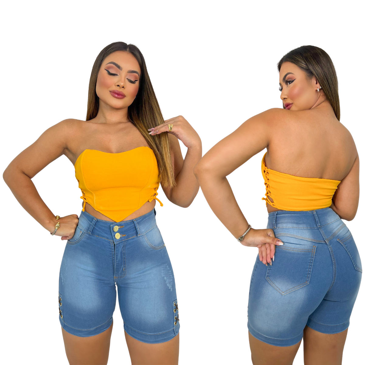 Short Feminino Meia Coxa c/Ilhós e Cintura Alta: Luxuoso
