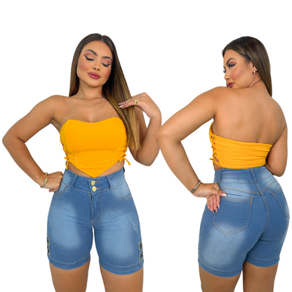 Short Feminino Meia Coxa c/Ilhós e Cintura Alta: Luxuoso