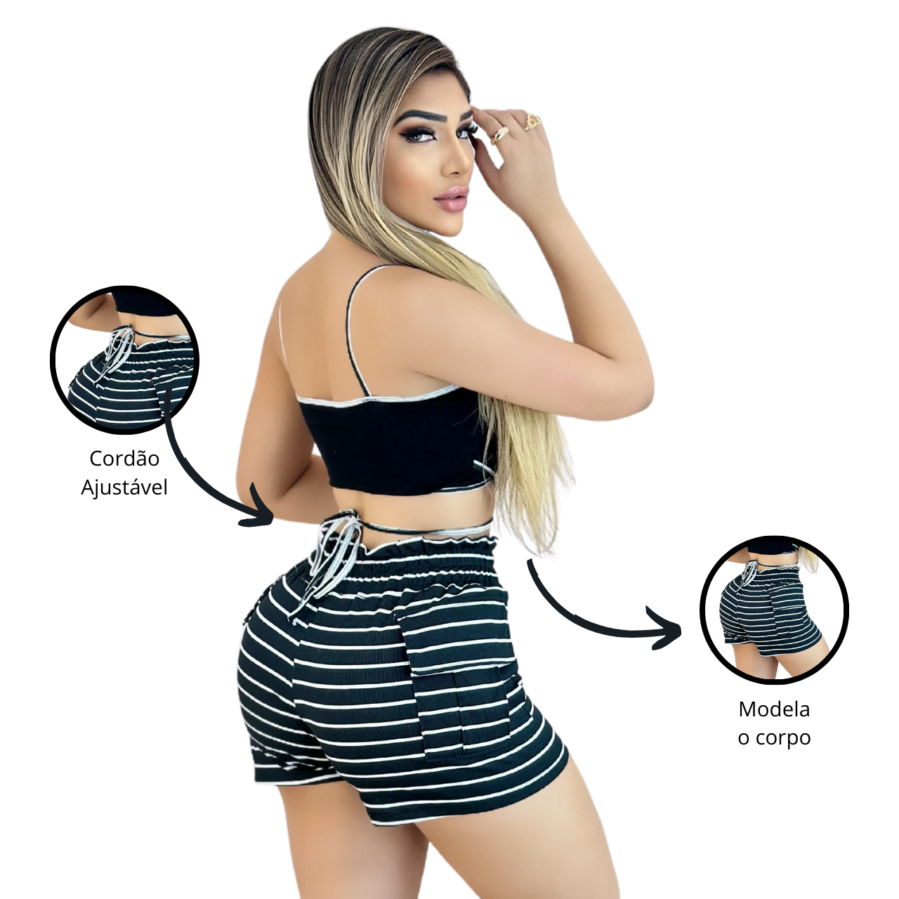Short Feminino Malha Preto Listrado AJustável com Top
